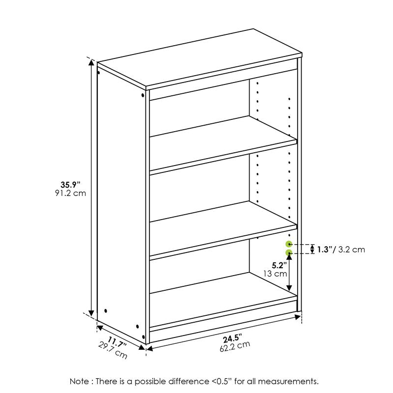 Furinno Gruen Book Shelf, 3-Tier Book Shelf, Bookcase with Adjustable Shelves, 11.7 x 24.5 x 35.9, for Organization and Storage, for Living Room, Bedroom, Home Office, Espresso