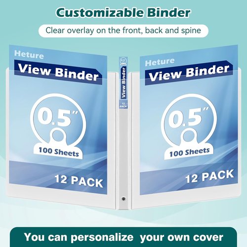 Heture 0.5 Inch 3 Ring Binder - 12 Pack Clear View, PVC-Free, Holds 100 Sheets, Durable White for Office & School