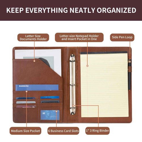 Geslun Genuine Leather 3 Ring Binder, 8.5 x 11 Letter Size Folio with Pen Holder, Soft Notebook Portfolio Cover, Slim Notepad Padfolio Thin File Organizer for Work Executive Meeting, Brown, Oil Tanned