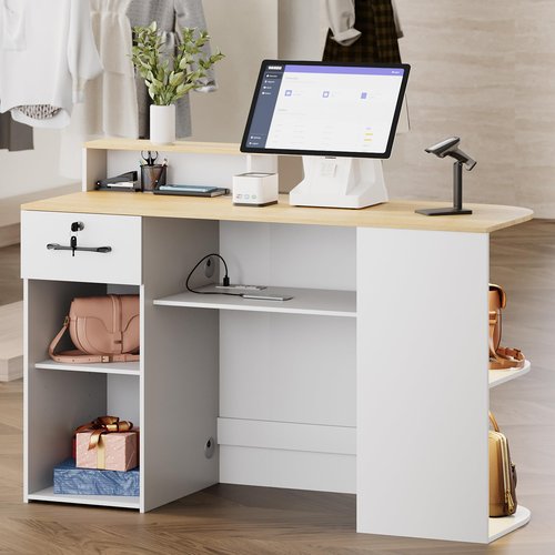 Kikihouse Modern Reception Desk & DIY Metal Strips, Front Desk with LED Light and Hidden Power Outlet, Reception Counter Table for Checkout, Office, Lobby, Nail Salon Spa (White+Wood)