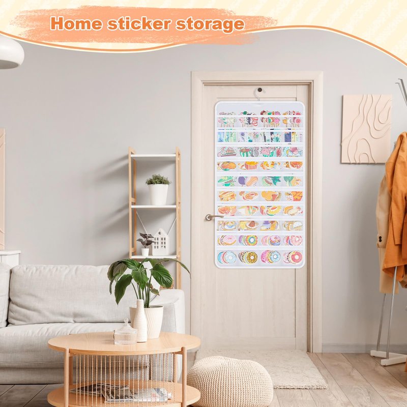 Faccito 1 Pcs White Hanging Sticker Display Organizer, Double-sided 80 Pocket for 4'' Large Stickers Storage, Portable Wall-hanging Decal Chart Holder for Vendors Collectors Trade Shows