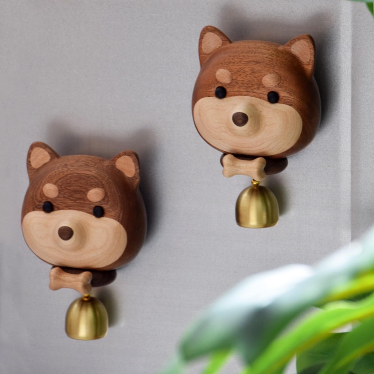 NADEnVIE Shiba Dog Shape Wooden Door Bell - Black Walnut Cartoon Doorbell - Dopamine Wind Chime Suction Ornament - WoodyBeing Shopkeepers Bell for Door Opening