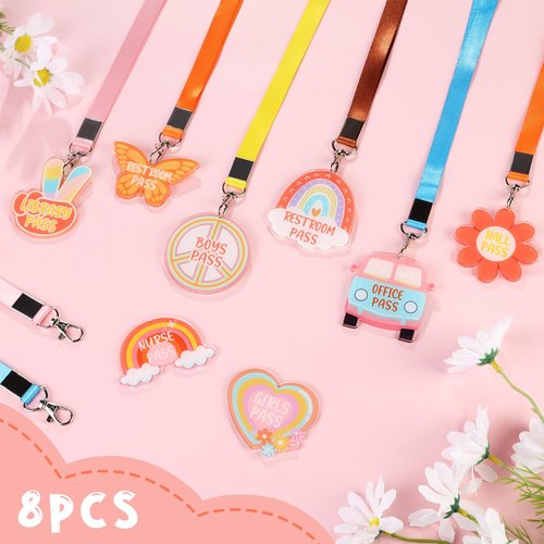 CORNER LACE 8Packs Groovy Acrylic Hall Pass Lanyards Set, Unbreakable School Passes & Soft Lanyards Set, Elementary Middle School/Teacher Supplies for Classrooms Hall Library Restroom Nurse Office