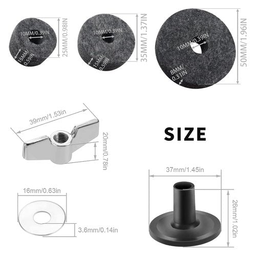 CashBeat 23 Pcs Cymbal Replacement Accessories Set, Includes Cymbal Felts, Hi-Hat Clutch Felt, Cymbal Sleeves with Base, Wing Nuts, Washers & Drum Key, Essential Hardware for Drum Kit Maintenance