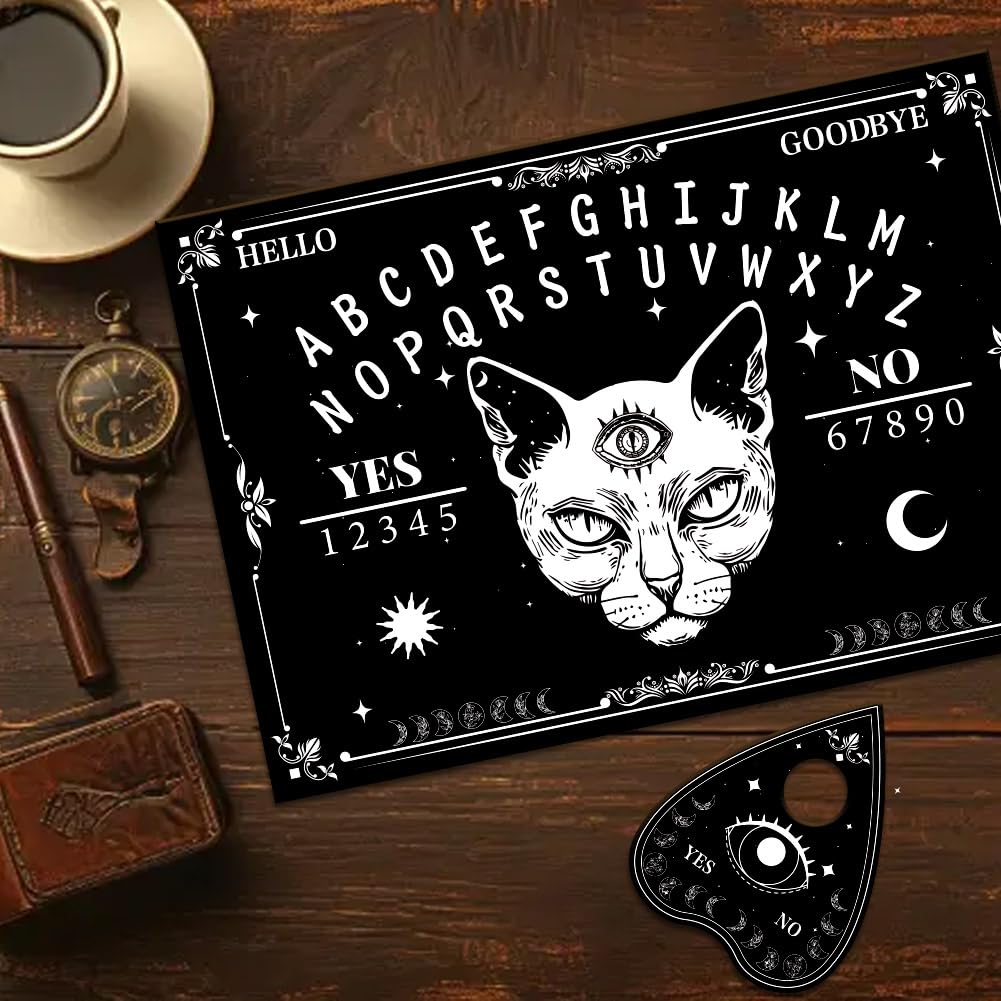 WEBEEDY Cat Spirit Board with Planchette, Third Eye Cat Wood Divination Board Sun and Moon Pendulum Boards Metaphysical Message Talking Boards Decision Maker Pendulum Gift for Christmas Halloween