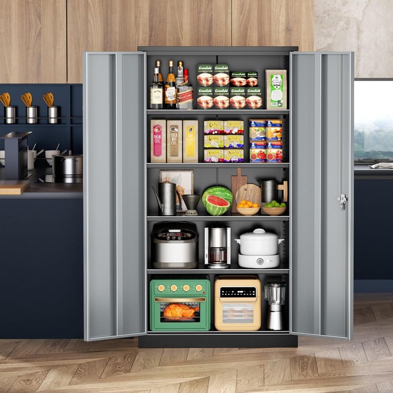INTERGREAT Metal Storage Cabinet with Lock,72" Tall Steel Cabinets with 2 Doors and 4 Adjustable Shelves,Lockable Steel Storage for Home Office, Garage, Warehouse (Black Grey)