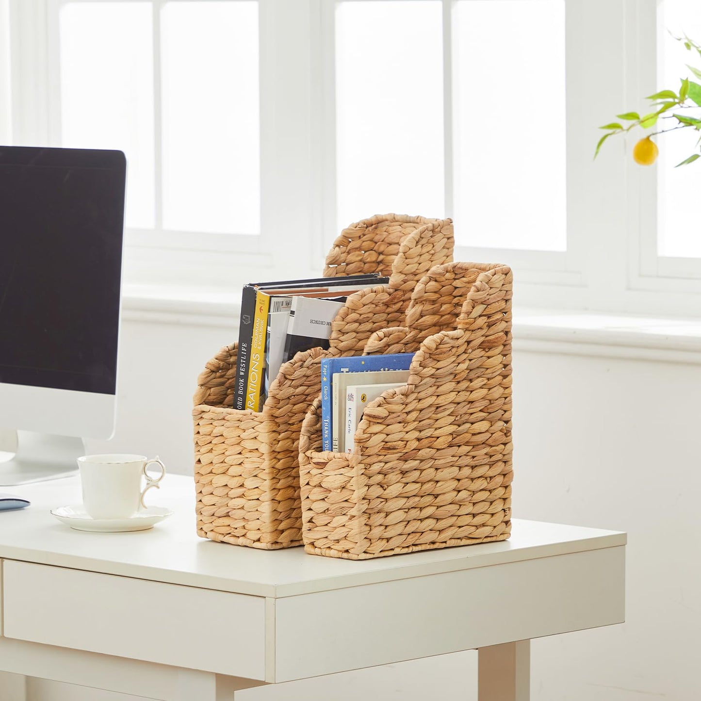 BROWNLILY Water Hyacinth Magazine Holders with Scalloped Edge - Natural Handwoven Rattan Storage Baskets Set of 2 (Large & Small) for Books, Home Office Decor