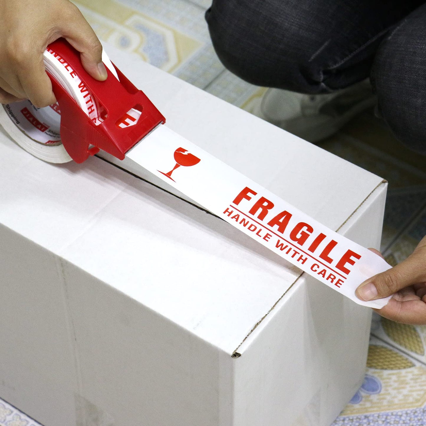 JIALAI HOME Fragile Tape Handle with Care Packing Tape 6 Rolls, Heavy Duty Shipping Box Sealing Tape with Dispenser, 2 Inch x 330 Feet (110 Yards) for Shipping and Moving Boxes