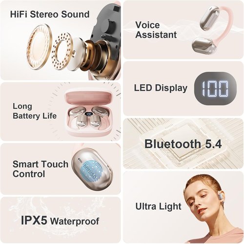MINISO MS162 AI Translation Earbuds Real Time, 3-in-1 Translator Earbuds 135 Language&Accents OWS Bluetooth 5.4 Open Ear Headphones 50H Playtime for iOS & Android, Travel Business Learning (Pink)