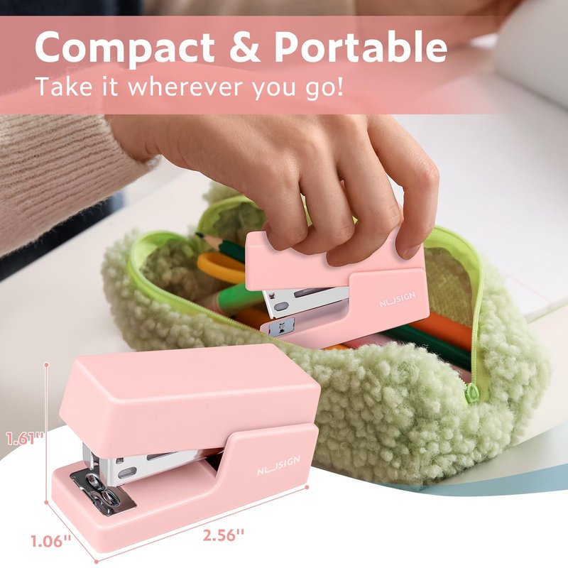 NUSIGN Mini Stapler with 830 Staples, Small Cute Desk Staplers, 25 Sheet Capacity, Pink