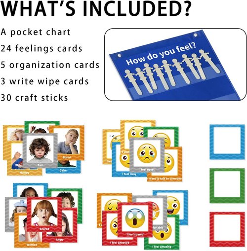 Boczif Emotions Feelings Pocket Chart - 24 Cards for Classroom & Calm Down Corner | Blue