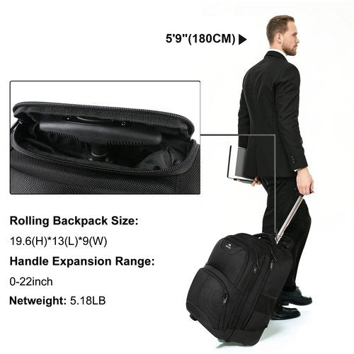 MATEIN Rolling Backpack, 17 inch Water Resistant Wheeled Laptop Backpack, Carry on Luggage Business Bag, Overnight College Computer Bag Trolley Suitcase for Men Women Adults to Travel, Black