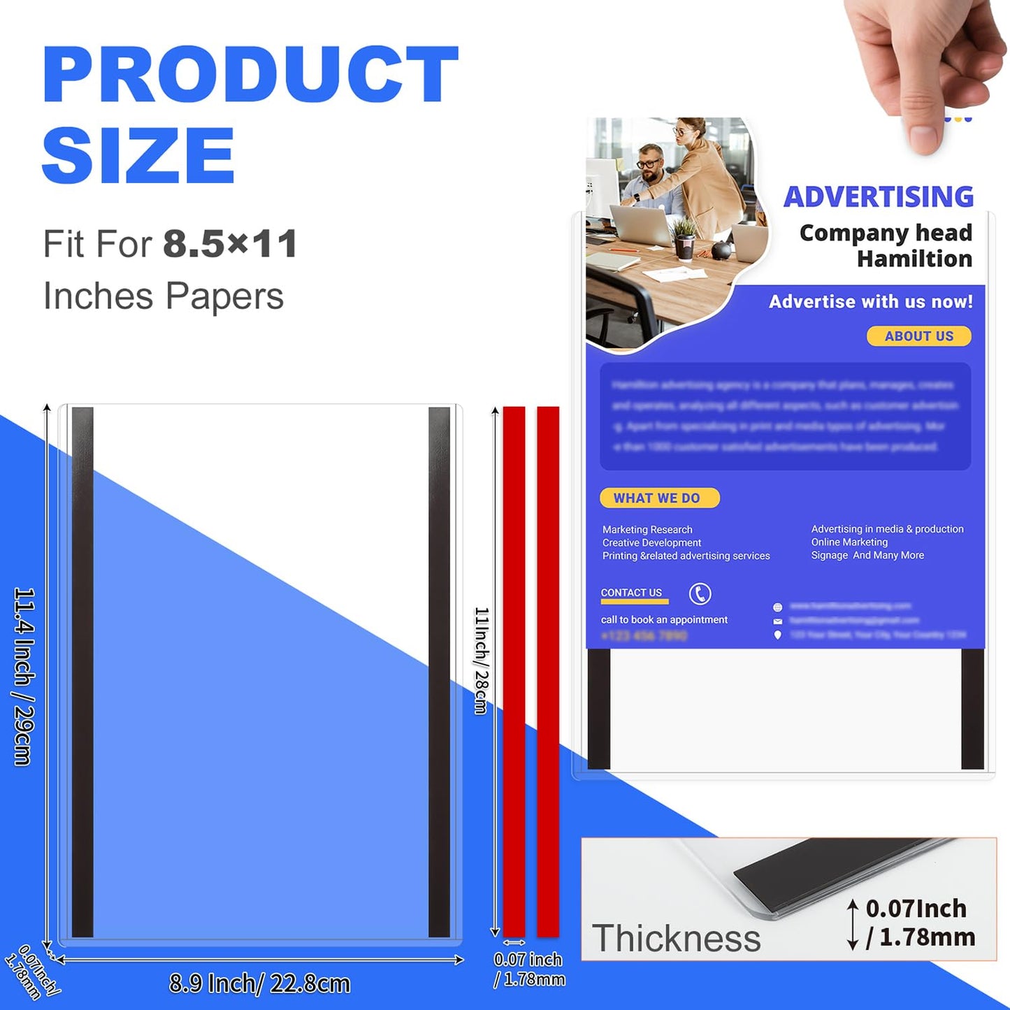 10 Pack 8.5'' x 11'' Inch Magnetic Sign Holders, Rigid Print Protectors, Paper Holder With Adhesive Tape, Plastic Document Holder For Posters Letter Paper Picture, Wall Mount Magnetic Frame for Refrigerator Window, Door, Home, Office, and Store