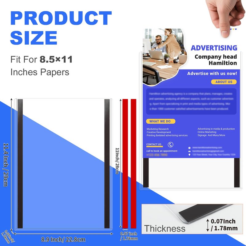 10 Pack 8.5'' x 11'' Inch Magnetic Sign Holders, Rigid Print Protectors, Paper Holder With Adhesive Tape, Plastic Document Holder For Posters Letter Paper Picture, Wall Mount Magnetic Frame for Refrigerator Window, Door, Home, Office, and Store