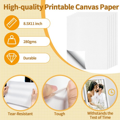 Yncotte 10Pcs Canvas Printer Paper for Inkjet Printers, 8.5x11" Bright White 280gsm Printable Fabric Sheets, Tear-Resistant - Compatible with Photo, Art, Sketch Printing