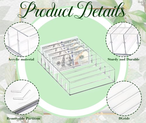XUWAIDSGN Large Acrylic Cash Organizer 8 Section Clear Money Budget Tray Organizer Plastic Divider Bill Storage Holder for Cash Envelope (Clear)