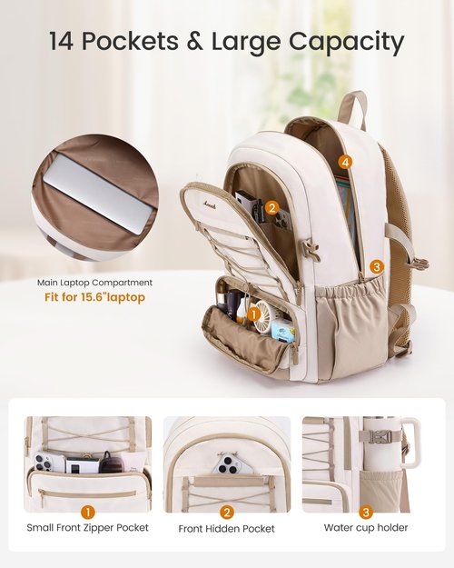 LOVEVOOK School Backpack for Teen Girls, Large Capacity College Student Backpacks with Water Bottle Holder, Cute Laptop Backpack Purse for Women, Lightweight Casual Travel Backpack, Beige-Khaki