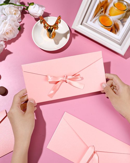 EORTA 10 Pieces Pink Envelopes with Bow Tie Closure, Paper Greeting Card Holders for Invitations Mail Postcard Bills Wedding Party Favors Business Cards, 8.66 x 4.33 Inches