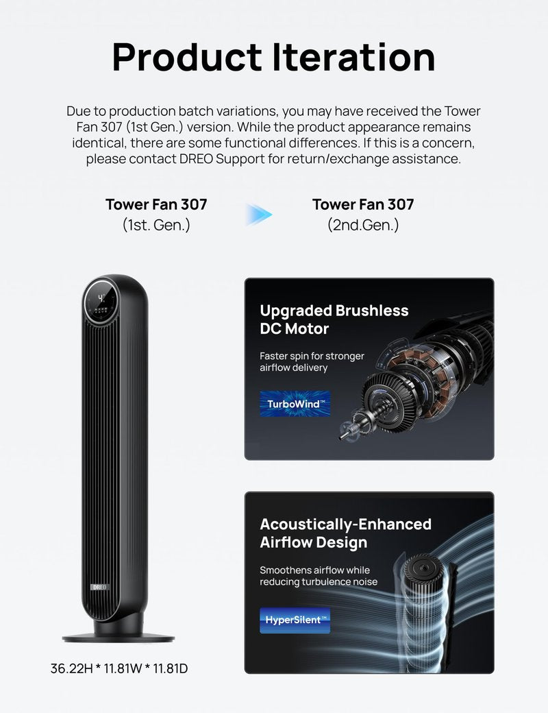 DREO Tower Fan for Bedroom, 2026 Upgraded DC Motor, 28ft/s High Velocity, 20dB Ultra Quiet Standing Fan, 8 Speeds 4 Modes, 90ยฐ Oscillating Bladeless Fan for Indoors, Floor Fans with Remote, Black