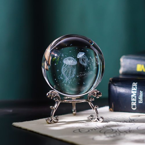 HDCRYSTALGIFTS 3D Laser Engraved Jellyfish with Star Ocean -2.3inch (60mm) Crystal Decorative Ball Figurine Glass Full Sphere with Silver-Plated Stand Home Art Decoration