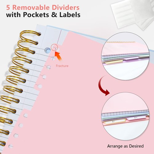 Aesthetic 5-Subject Notebook College Ruled with 5 Movable Tab Dividers & Pockets, 150 Sheets, 3-Hole Punched, Spiral Notbook, Plastic Cover, Fits 8.5"x11", 68gsm Paper, Includes Writable Stickers – Cute School Journal or Office Supplies, Pink