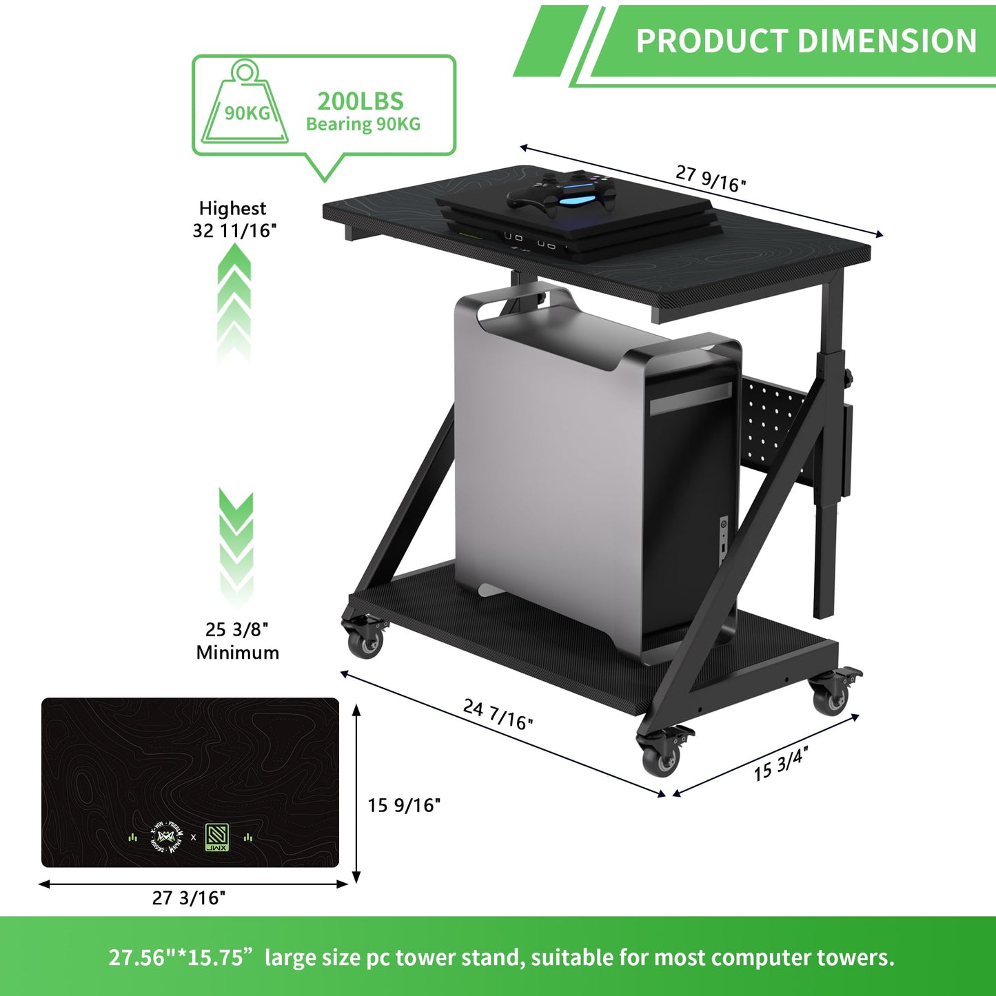 Height Adjustable Computer Tower Cart Stand, Mobile PC Laptop Standing Table, Printer Stand with Lockable Rolling Caster for Office Home