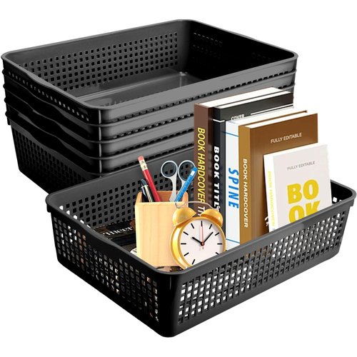 CONLI 6 PCS A4 Size Turn in Trays Classroom, Plastic Storage Basket Paper Tray Hold A4 Paper Toy Snack for Kitchen Shelves Bedrooms Office and Bathrooms (Black)