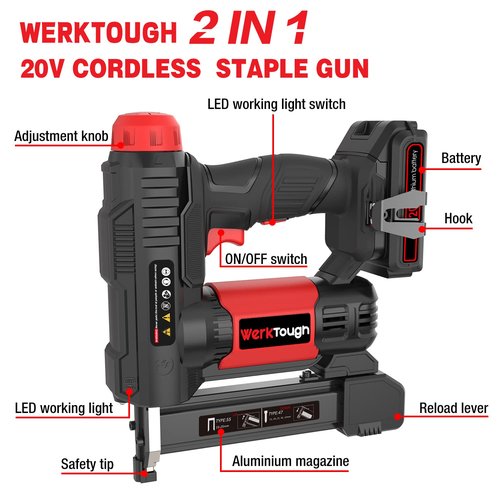 Werktough 20v Cordless Staple Gun Brad Nailer 2 in 1 Aluminum Metal magzine 1 Hour Fast Charger 2000mA Lithium Battery 2000pcs Free Staples(90 4/5”1000+18GA 1”x1000) in Tool Case