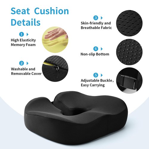 LSMColda Orthopedic Memory Foam Seat Cushion - Donut Pillow for Tailbone Pain Relief, Sciatica, Hemorrhoids & Postpartum - Office Chair, Car & Home Cushion for Back & Coccyx Support (Black)