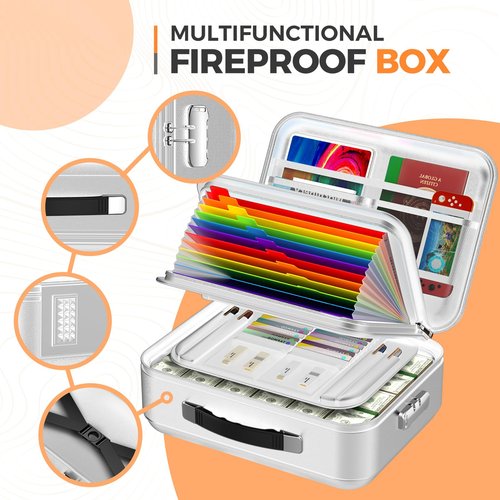 EDMUED Fireproof Document Box with Lock, Waterproof File Safe Box for Documents, Fireproof and Waterproof Important Document Organizer for Home and Office - Silver Gray