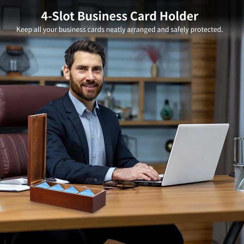 YHomU Business Card Holder 2.2 x 3.5 Inch Index Card Holder Wooden Business Card Holder, 4-Compartment Card Storage Box, Business Card Organizer, Desktop Divided Index Card Box for Office