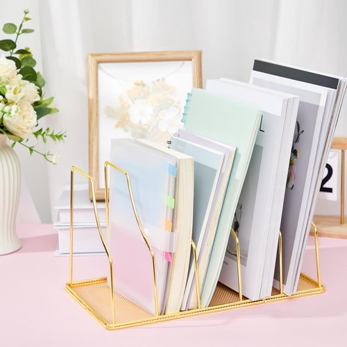 Chivertion 2 Pcs 5 Slot File Sorter Organizer Binder Holder for Desk Wire Magazine Holder Rack Upright File Folder Organizer Stand for Office Book Paper Home Shelf Storage(Golden)