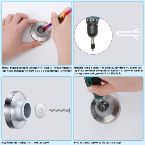 Pangda Concave Wall Door Bumper Stop Silver Stainless Steel Wall Door Bumper with 1-1/8 Inch Gray Round Rubber Protector Stops(Silver,30 Pieces)