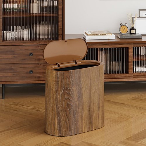 Bathroom Garbage Can with Lid, Plastic Wood Grain Finish Pattern Trashcans with Press Type Lid, Narrow Kitchen Trash Can, Durable & Space-Efficient Design, Hand-Press Lids Mechanism (Brown)