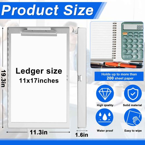 Chivertion 1 Pcs Aluminum 11'' x 17'' Clipboard with Storage Heavy Duty Metal Lightweight Form Holder with Capacity Clip 1 Compartment Clipboard for Student Teacher