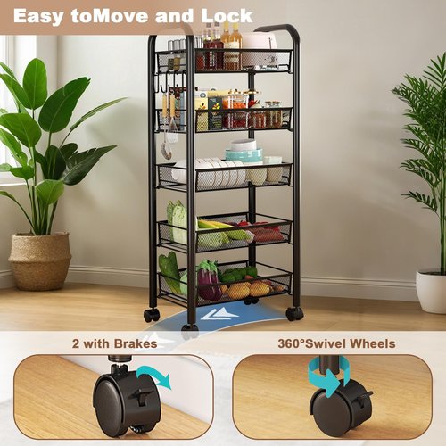 Rolling Pantry Storage Cart - 5-Tier Metal Portable Pantry Organizer with Wheels, Multi-Functional Storage Trolley for Kitchen, Office (Black)