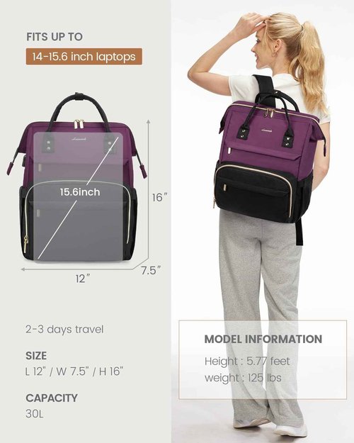 LOVEVOOK Laptop Backpack for Women Fashion Business Computer Backpacks Travel Bags Purse Doctor Nurse Work Backpack with USB Port, Fits 15.6-Inch Laptop Dark Purple-Black