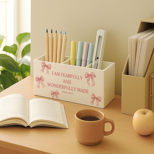 FISWAFY Pink Coquette Bow Christian Pen Pencil Holder for Desk, Christian Gifts for Women, Psalm 139:14 Bible Scripture Makeup Brush Toothbrush Holder for Vanity Girly Bedroom Bathroom