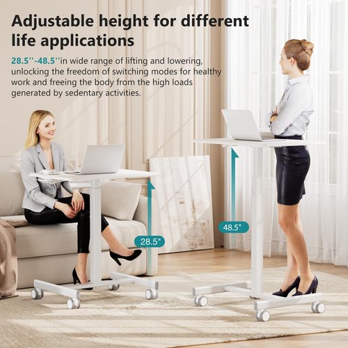 OLIXIS Small Standing Desk Adjustable Height, Portable Rolling Table on Wheels, 19 Inch Computer Mobile Desk Workstation for Home Office, White
