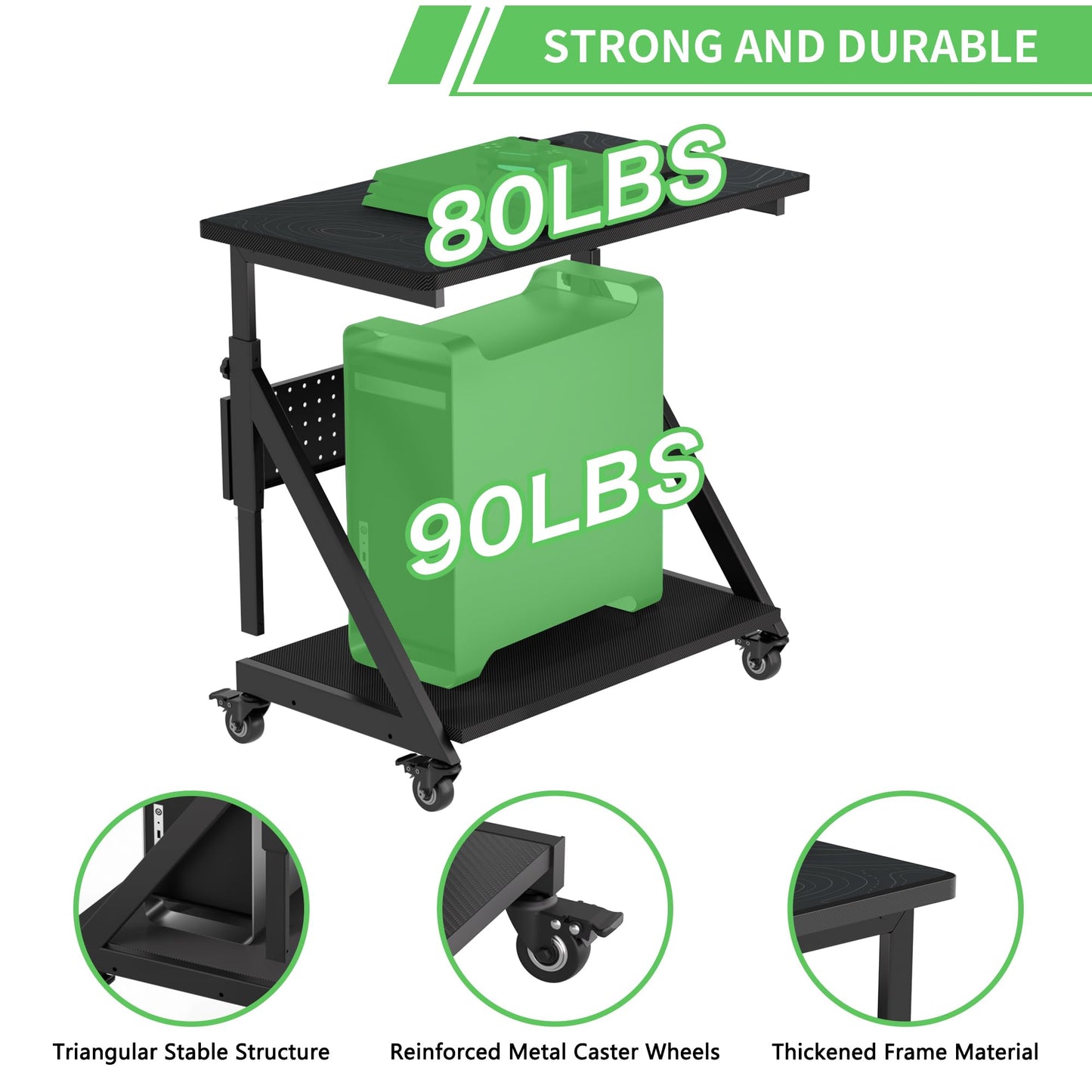Height Adjustable Computer Tower Cart Stand, Mobile PC Laptop Standing Table, Printer Stand with Lockable Rolling Caster for Office Home