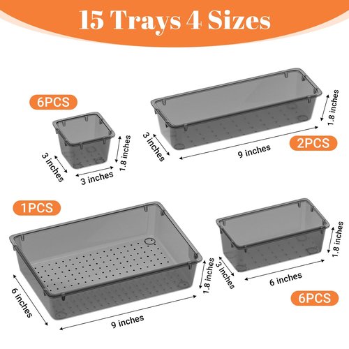 SpaceHacks 15 PCS Clear Plastic Drawer Organizer Set, 4-Size Acrylic Drawer Storage Trays, Storage Bins for Makeup, Gadgets, and Jewelry in Bathroom, Bedroom and Office, Clear Black