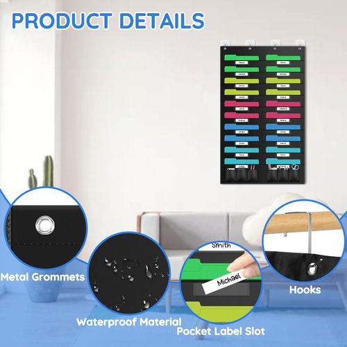 ZKOO 20 Pockets Hanging Wall File Organizer for A4 Size Paper/Legal/Letter Size Document, Sturdy Wall Mail Organizer Black Pocket Great for Classroom, Office, Home Use with 4 Hangers 6 Pen Pocket