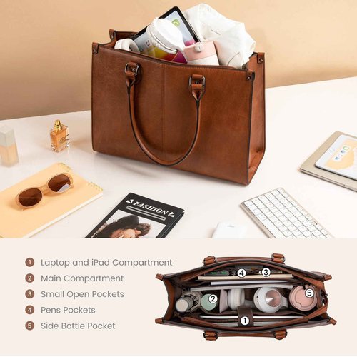 LOVEVOOK Laptop Tote Bag for Women, 17.3 Inch Large Capacity Vintage Leather Work Computer Bag, Business Casual Shoulder Handbag, Dark Brown