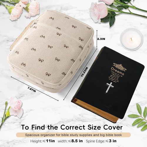 WOBAGMEN Bible Cover Case for Women,Cordoury Bible Cover for Men Women with Handle,Bow Bible Bag,Carrying Case Bible Protective Christian Gift(Bow M)