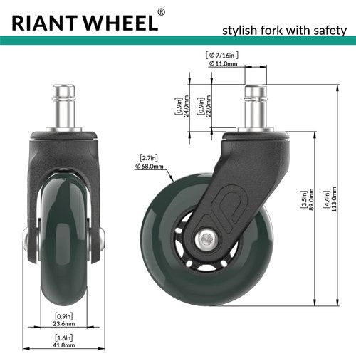 Riantwheel, Office Chair Wheels Replacement Rubber Chair casters for Hardwood Floors and Carpet, Set of 5, Office Chair casters (Green)