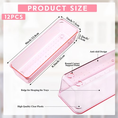 Maitys 12 Pcs Vanity Drawer Organizer 9 x 3 x 2 Inches Clear Plastic Utensil Organizers Kitchen Drawers Dividers for Office Desk Silverware Kitchen Utensils Cosmetics and Bathrooms(Pink)