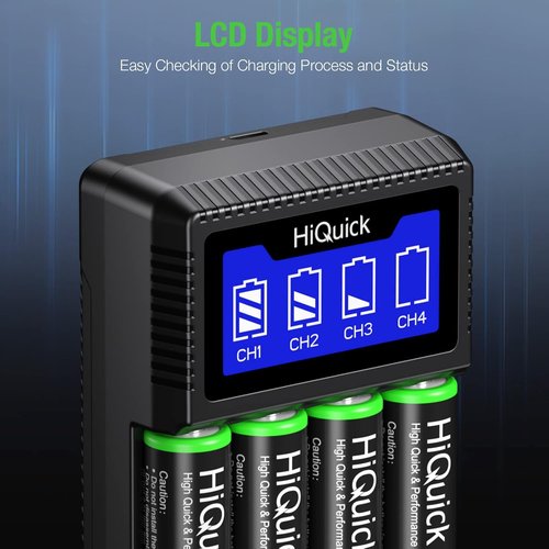 HiQuick 4 Bay AA/AAA Battery Charger - Fast USB Charging with Smart LCD Display for NiMH/NiCD Batteries