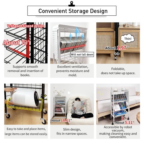 Lumizone Foldable Book Cart 6-Tier Large Capacity Bookshelf Single Sided V-Shaped Sloped Shelves With brake Wheels With PegBoard Slim Rolling Utility Cart Storage Rack, Home Shelves and Office (Black)