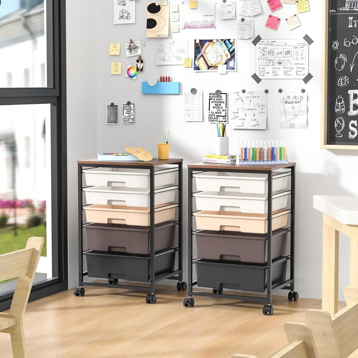 SYKIARIOL Utility Cart - 5-Tier Rolling Storage Cart with Lockable Wheels & Wooden Tabletop - Dark Brown