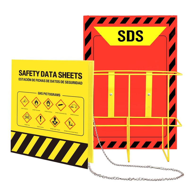 2 Pack MSDS SDS Binder and Wall Station,Yellow Heavy Duty 3 Inch Material Safety Data Sheet 3 Ring Binder with SDS Wire Rack and Display Sign,Chain,Safety Posters,MSDS Labels,Binder Wall Mount